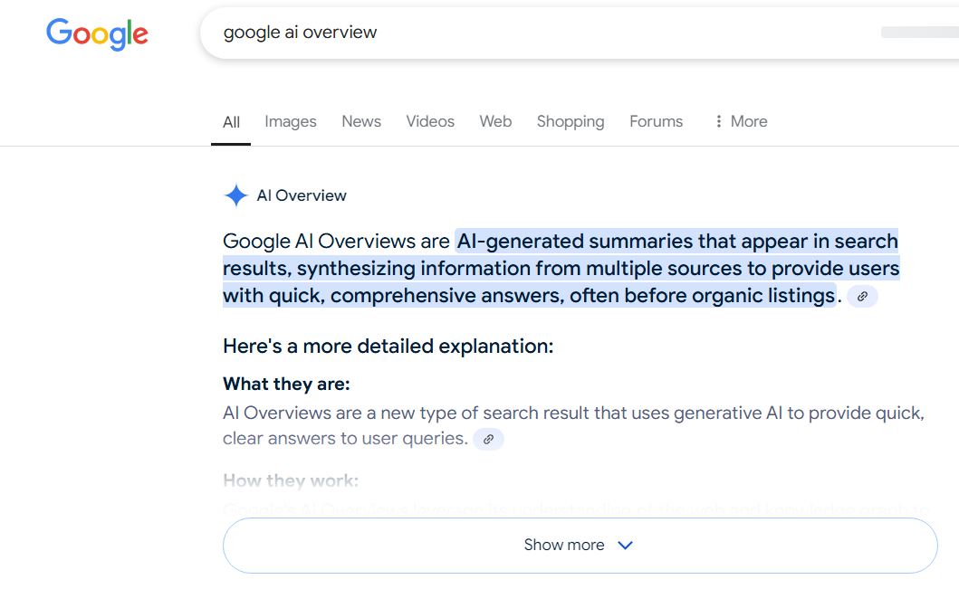 Google Search Showing AI Overview